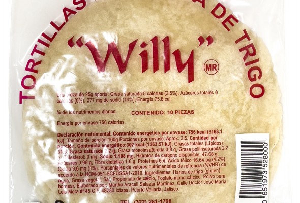 Tortilla de harina Willy  10pza, 25gr c/u